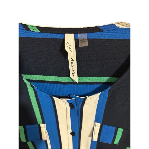 NY Collection Women’s Size L Button Down Striped Career Blouse Roll Tab Sleeves - Picture 2 of 13